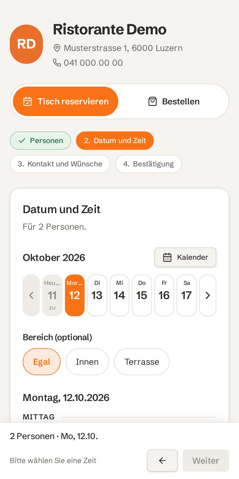 Buchungsseite auf dem Handy: Personen gewählt, Datum und Zeit wählen